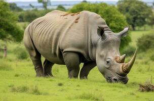 AI generated White Rhino grazing. AI Generated photo