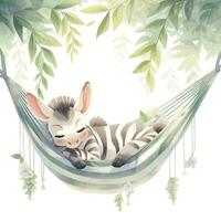 AI generated A sleepy baby zebra in a hammock. watercolor illustrations. AI Generated photo