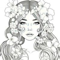 AI generated A girl on a coloring book page with Jasmine flowers. AI Generated photo