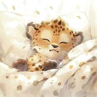 AI generated A sleepy baby leopard in a bedding, watercolor illustration. AI Generated photo