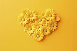 AI generated Yellow Heart Shaped By Yellow Daisies Over Yellow Background. AI Generated photo