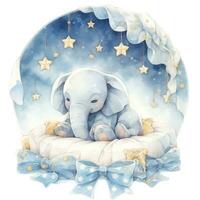 AI generated An elephant on a bed with stars and blankets around the circle. AI Generated photo