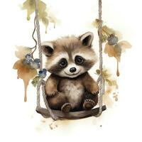 AI generated Cute baby raccoon in watercolour style, sitting on swings attached to the tree. AI Generated photo