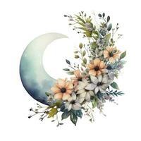 AI generated Watercolor floral Moon with greenery on a white background. AI Generated photo