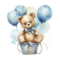 AI generated A watercolor baby teddy bear is sitting in the basket with blue and gold balloons. AI Generated photo