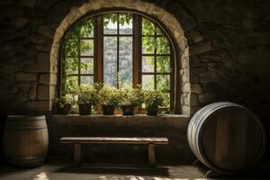 ai generado barril en un antiguo castillo junto a el ventana. ai generado foto