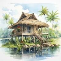 AI generated A watercolored bright serene image of a traditional bahay kubo. AI Generated photo