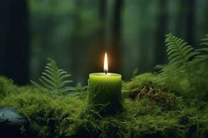 AI generated Burning candle on moss, dark green blurred the natural background. Magic candle. Generative AI photo