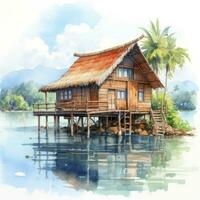 AI generated A watercolored bright serene image of a traditional bahay kubo. AI Generated photo