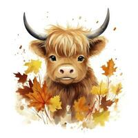 AI generated Happy cute baby highland cow in autumn leaves in the watercolor style. AI Generated photo