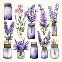 AI generated Collection of watercolor mason jars with purple flowers clipart. AI Generated photo