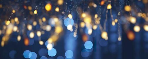 AI generated holiday illumination and decoration concept, Christmas garland bokeh lights over dark blue background. AI Generated photo