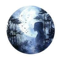 AI generated Forest moon silhouette with fairy shining in the night sky on a white background. AI Generated photo