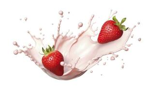 AI generated milk or yogurt splash with strawberries isolated on white background, 3d rendering. AI Generated photo