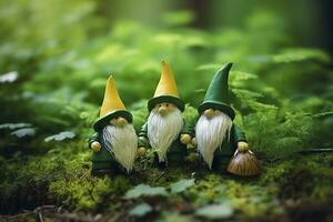 AI generated Toy Irish gnomes in a mystery forest, abstract green natural background. Generative AI photo