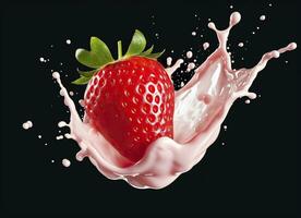 AI generated milk or yogurt splash with strawberries isolated on white background, 3d rendering. AI Generated photo