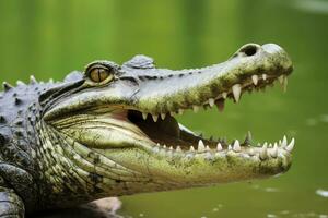 AI generated Crocodile with its mouth wide open with a green lake in the green background. AI Generated photo