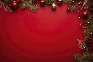 AI generated Christmas or New Year red background with fir decor. AI Generated photo