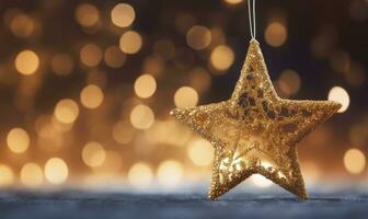 AI generated Sparkling Golden Christmas Star. Ornament Decoration Defocused Bokeh Background. AI Generated photo