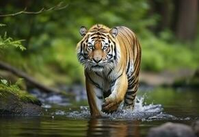 AI generated Amur tiger walking in the water. Dangerous animal.  Animal in a green forest stream. Generative AI photo