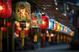 AI generated Colorful festival lanterns during the Chinese traditional holiday season. AI Generated photo