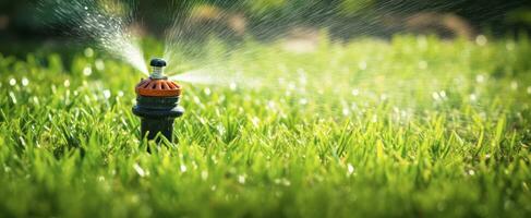 AI generated Automatic garden lawn sprinkler in action watering grass. AI Generated photo