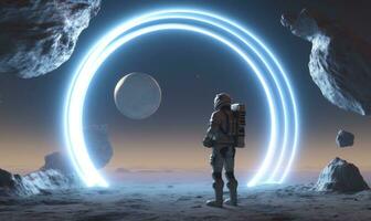 AI generated Astronaut in front of dimensional portal.  AI Generated. photo