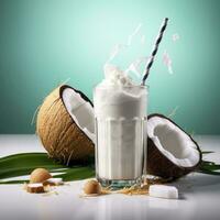 AI generated Coconut milk shake glass with fresh sliced coconut. Generative AI photo