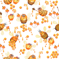 Seamless pattern with the image of plait, bee honey, honey jar and honeycomb. Watercolor png