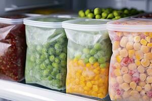 AI generated Frozen food in the freezer. Frozen vegetables. AI Generated photo