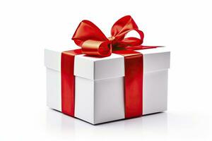 AI generated Gift box with red ribbon isolated on white background. AI Generated photo