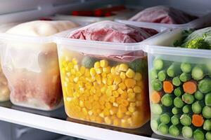 AI generated Frozen food in the freezer. Frozen vegetables. AI Generated photo