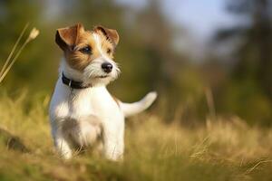 AI generated Happy jack russell terrier pet dog waiting, listening in the grass. AI Generated photo