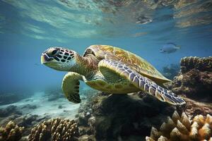 ai generado verde Tortuga a el Agua de mar. ai generado foto