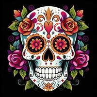 AI generated Mexican roses skull. Mexican roses skull. Dia de los muertos shugar colorful head. AI Generated photo