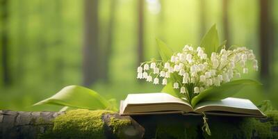 AI generated Lily of the Valley flowers and old books in the forest, green natural background. AI Generated photo