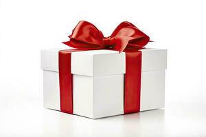 AI generated Gift box with red ribbon isolated on white background. AI Generated photo