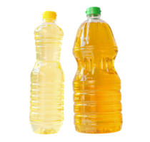 Two bottle of vegetable oils in set isolated in png file format. Top view and flat lay