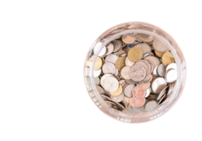 top view of Thai coins in transparent plastic jar isolated in png file format. Concept of saving money for the future or money growth