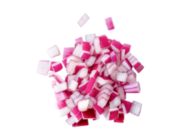 Top view of red or purple onion slices isolated with clipping path in png file format. Onion chopped
