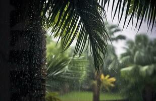 ai generado lluvia en el zona tropical durante el bajo temporada o monzón estación. gotas de lluvia en un jardín. generativo ai foto