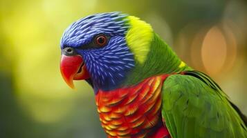 ai generado lado ver de cerca de hermosa y vistoso lorikeet verde nuca pájaro. generativo ai foto