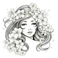 AI generated A girl on a coloring book page with Jasmine flowers. AI Generated photo