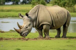 AI generated White Rhino grazing. AI Generated photo