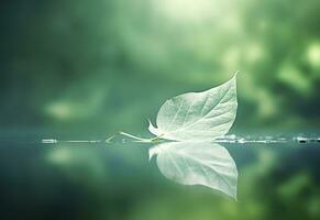 AI generated White transparent leaf on mirror surface with reflection on green background macro. Generative AI photo