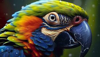 ai generado tropical guacamayo encaramado, vibrante plumas en enfocar. generativo ai foto