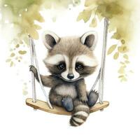 AI generated Cute baby raccoon in watercolour style, sitting on swings attached to the tree. AI Generated photo