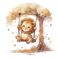 AI generated Cute and happy baby lion on swings on the tree in watercolor style. AI Generated photo