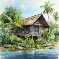 AI generated A watercolored bright serene image of a traditional bahay kubo. AI Generated photo