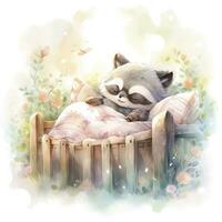 AI generated A sleepy baby raccoon in a bedding. watercolor illustration. AI Generated photo